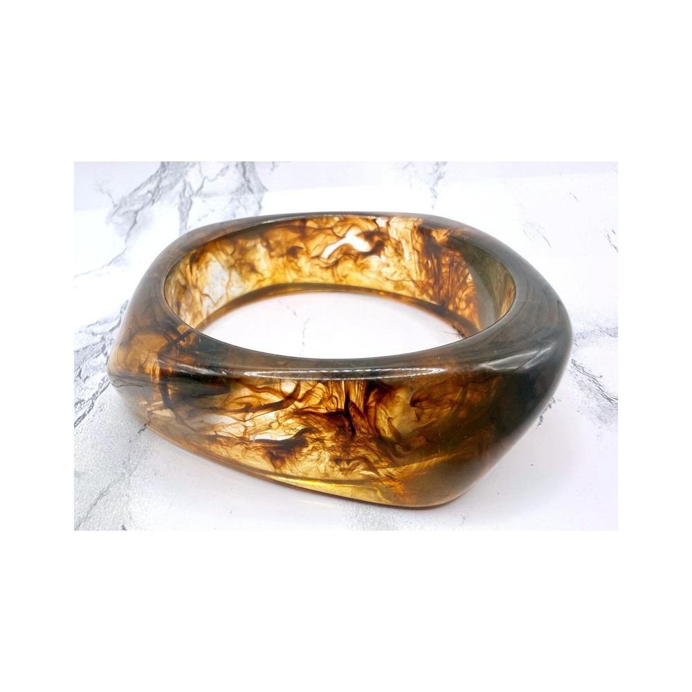 Chunky Brown Marbled Lucite Bangle Bracelet Tortoiseshell Clear 8"